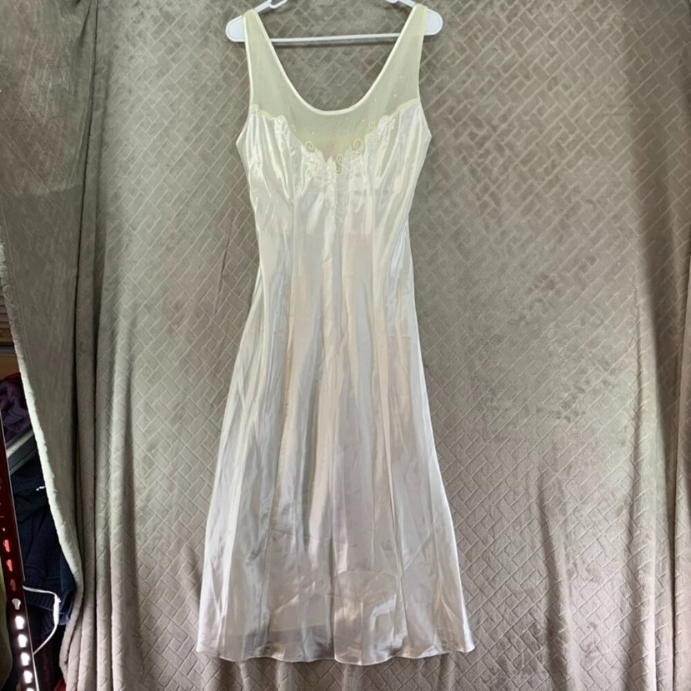 Sheer Shapewear Nightgown Womens M White Silky Slippery Satin Rhinestones Midi